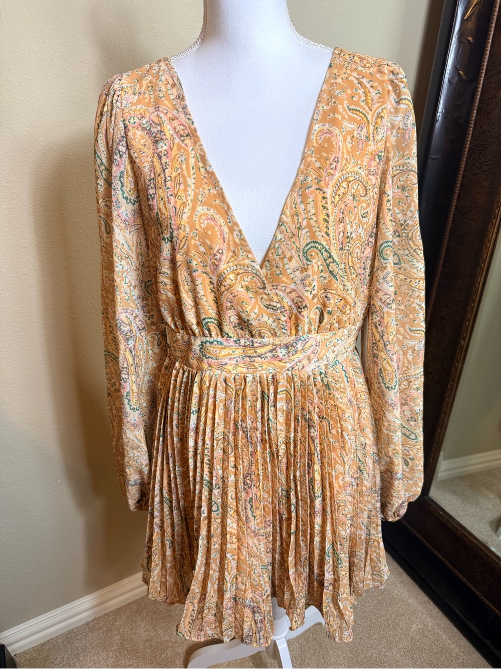 Paisley V-Neck Long Sleeve Mini Dress in Mustard